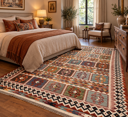 6x8 Fine Quality Turkish Kilim Rug – Handwoven Multicolor Panel Design Anatolian Rug