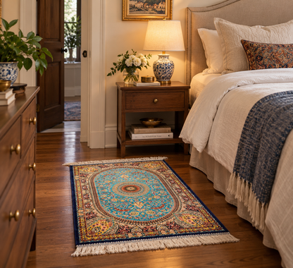 23” × 35” Luxury Turkish Silk Rug – Turquoise Blue & Gold Floral Medallion, Hereke-Inspired Accent Rug