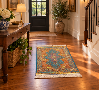 23” × 35” Luxury Turkish Bamboo Silk Rug – Turquoise Blue & Gold, Ornate Floral Medallion Accent Rug