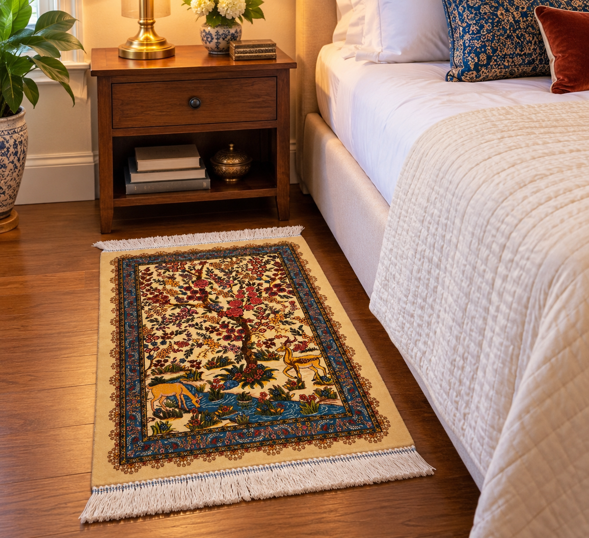 19” x 28” Fine Quality Bamboo Silk Rug – Floral Garden & Deer Design