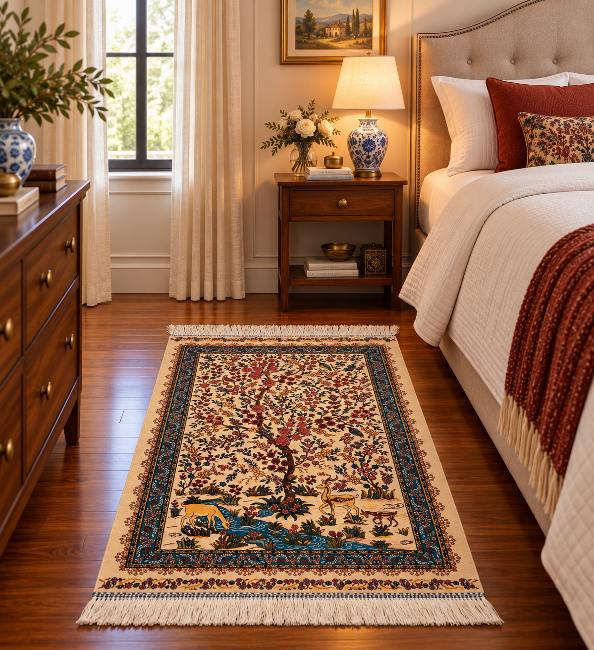 23” × 35” Luxury Turkish Silk Rug – Ivory Tree of Life & Deer Garden Design, Hereke-Inspired Floral Accent Rug