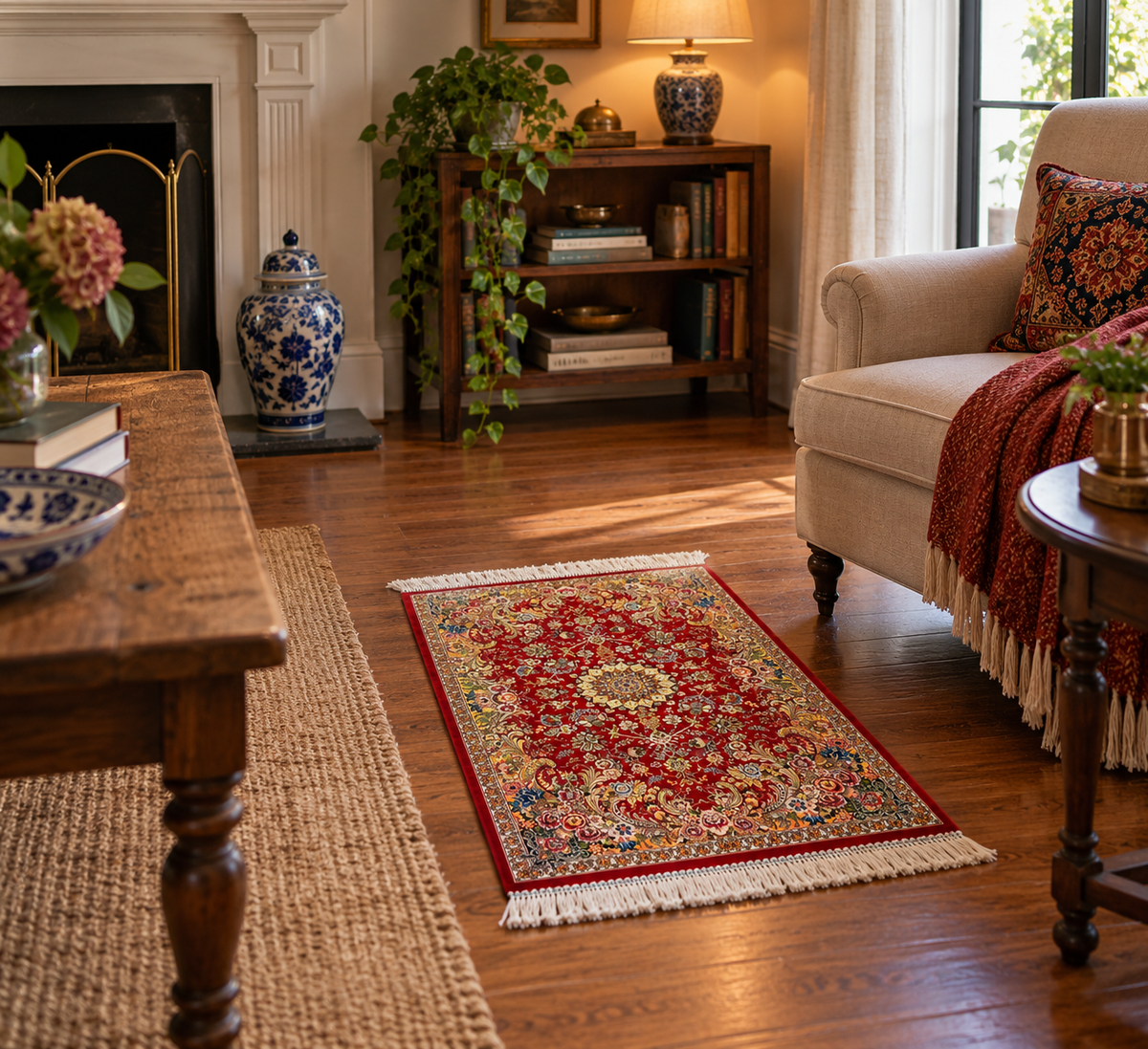 23” x 35” Luxury Turkish Silk Rug – Ruby Red Floral Medallion Design, Oriental Accent Rug with Hand-Finished Fringe