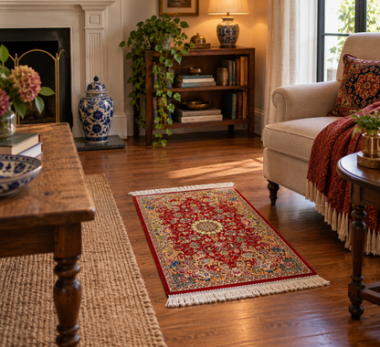 23” x 35” Luxury Turkish Silk Rug – Ruby Red Floral Medallion Design, Oriental Accent Rug with Hand-Finished Fringe