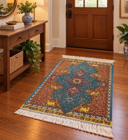 19” x 28” Small Silk Rug – Turquoise Garden Medallion with Animal Motifs