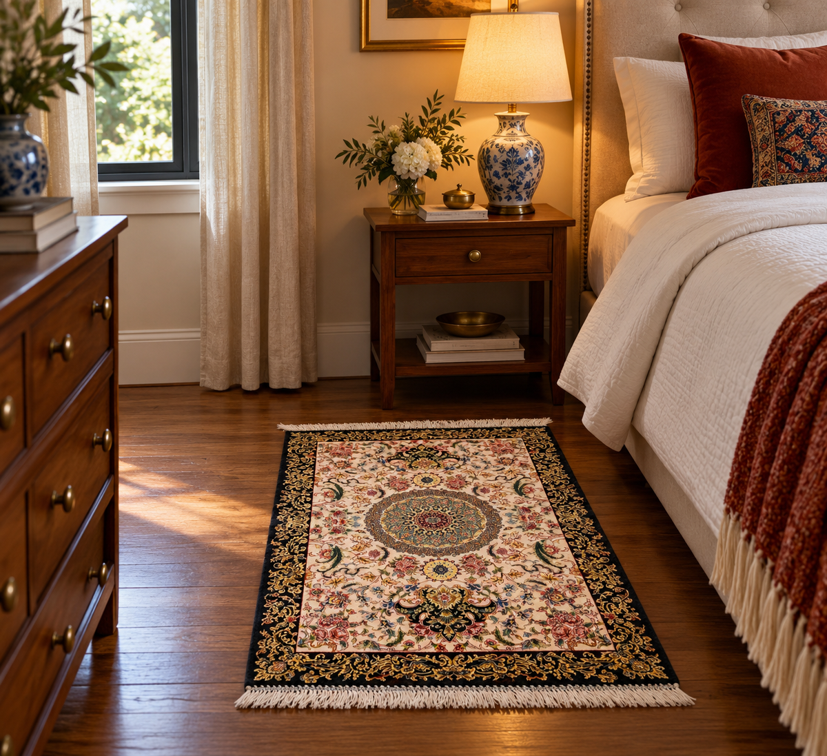23” × 35” Luxury Turkish Silk Rug – Ivory & Black with Gold Floral Medallion, Hereke-Inspired Small Accent Rug