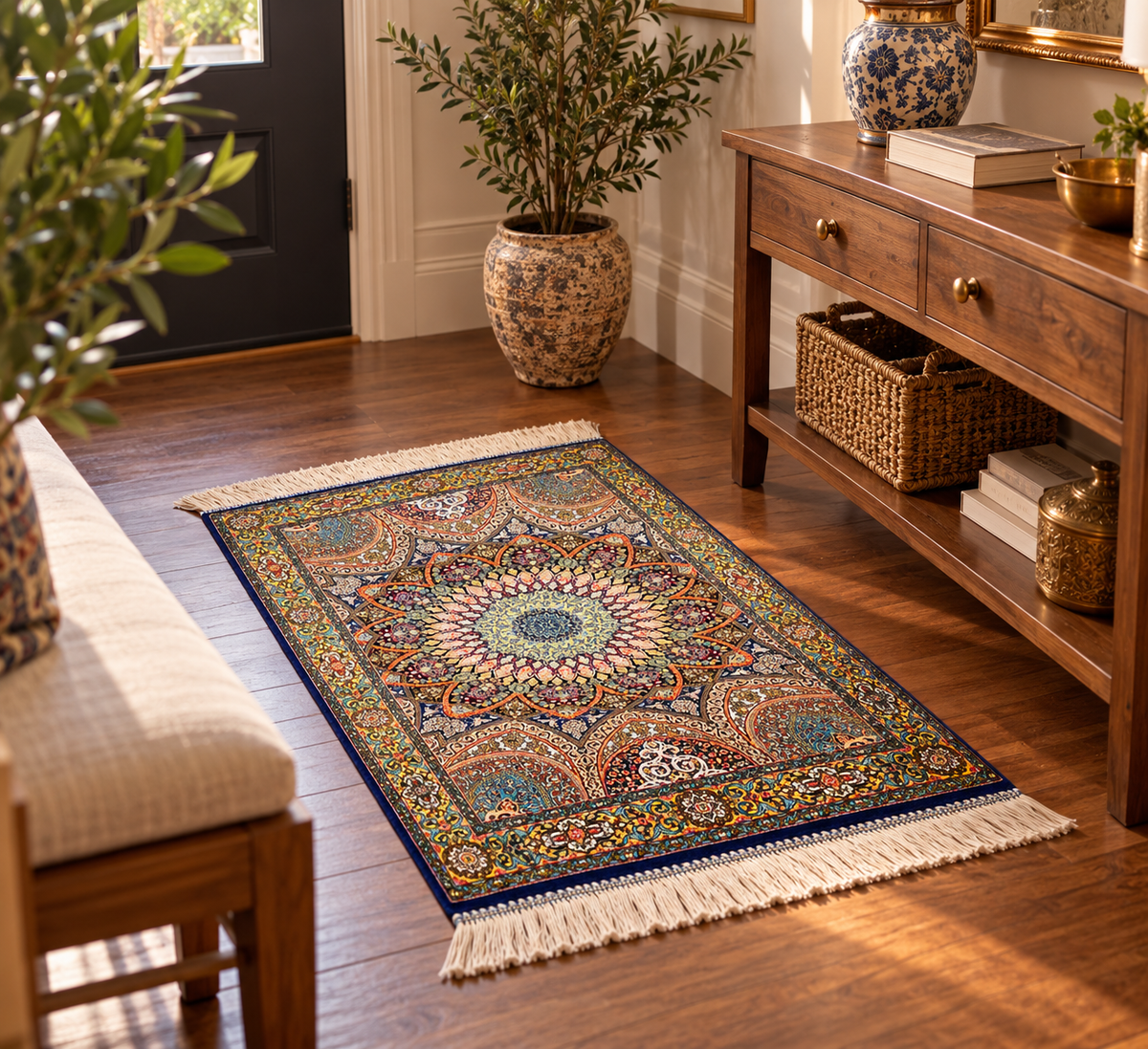 23” × 35” Luxury Turkish Bamboo Silk Rug – Navy Blue & Gold Geometric Lotus Medallion Accent Rug