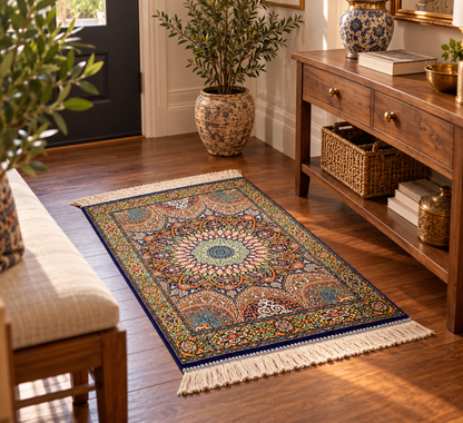 23” × 35” Luxury Turkish Bamboo Silk Rug – Navy Blue & Gold Geometric Lotus Medallion Accent Rug