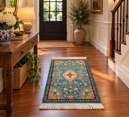 23” × 35” Luxury Turkish Bamboo Silk Rug – Vibrant Turquoise Blue, Gold Floral Medallion Accent Rug