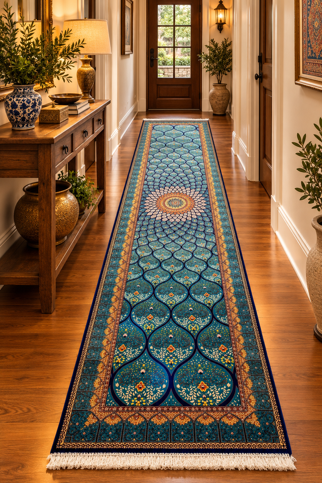 2’6”×10’ Bamboo Silk Runner Rug – Turquoise Geometric Medallion Turkish Design