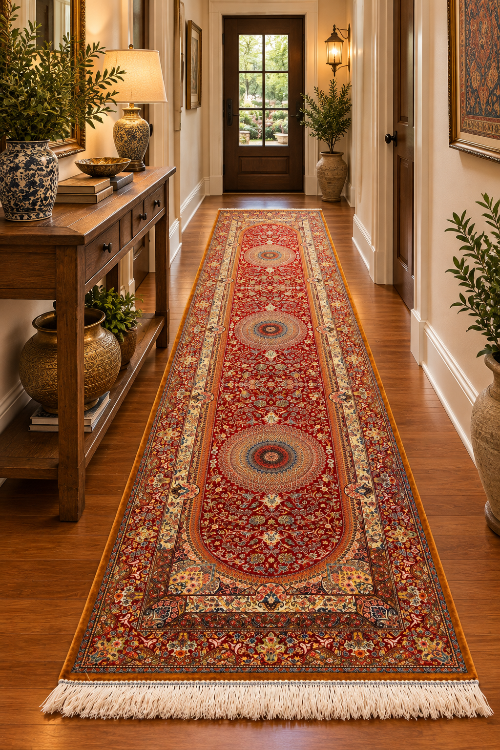 2’7” × 9’9” Bamboo Silk Runner Rug – Red Medallion Traditional Turkish Design