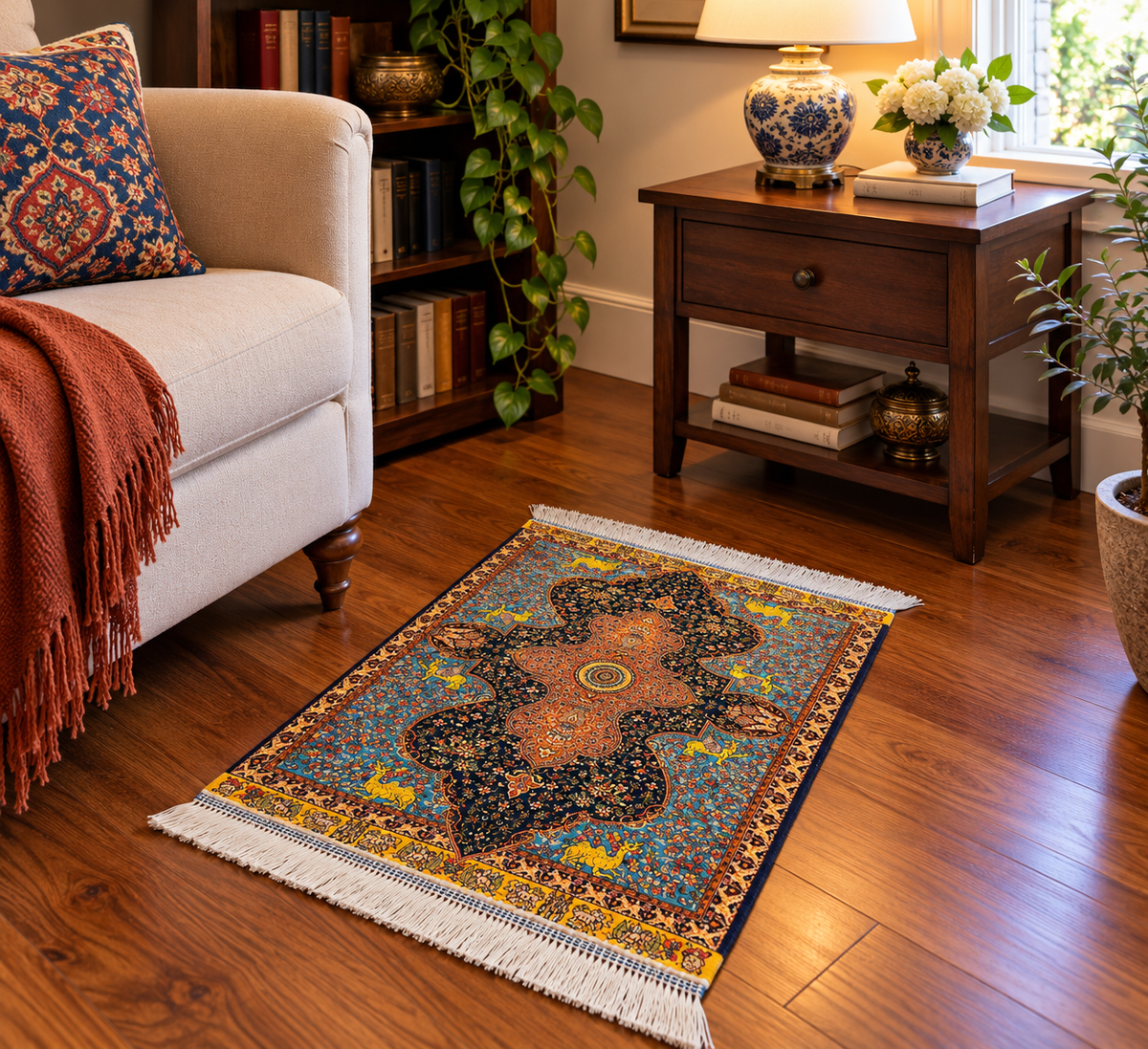 19” x 28” Small Silk Rug – Turquoise & Midnight Blue Imperial Medallion Accent Rug