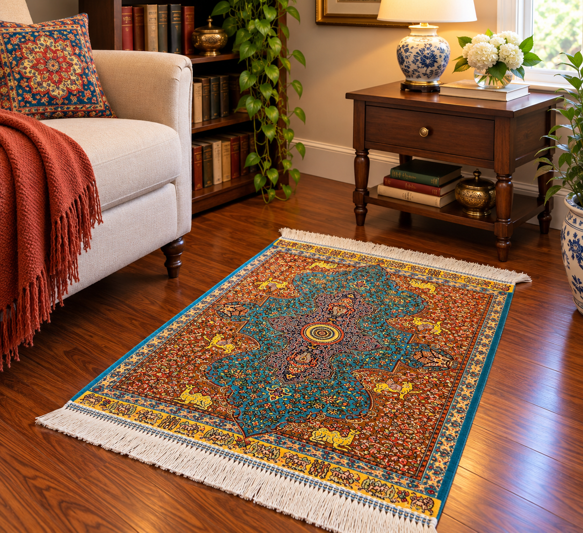 19” x 28” Small Silk Rug – Turquoise & Rust Imperial Medallion Luxury Accent Rug
