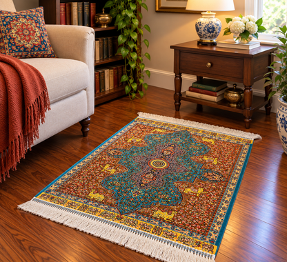 19” x 28” Small Silk Rug – Turquoise & Rust Imperial Medallion Luxury Accent Rug