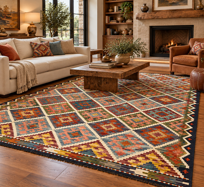 5x7 Fine Quality Handwoven Turkish Kilim Rug – Colorful Diamond Pattern Anatolian Area Rug
