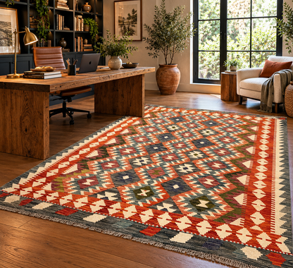 5x7 Fine Quality Handwoven Turkish Kilim Rug – Rust & Charcoal Geometric Anatolian Rug