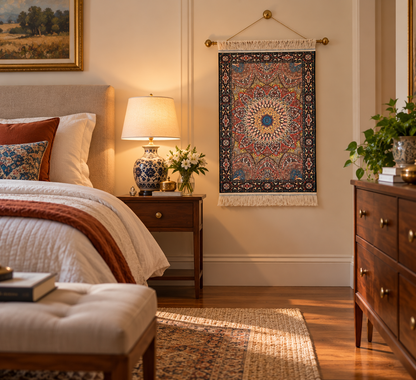 23” × 35” Luxury Turkish Silk Rug – Ivory & Navy Blue Floral Medallion, Hereke-Inspired Accent Rug