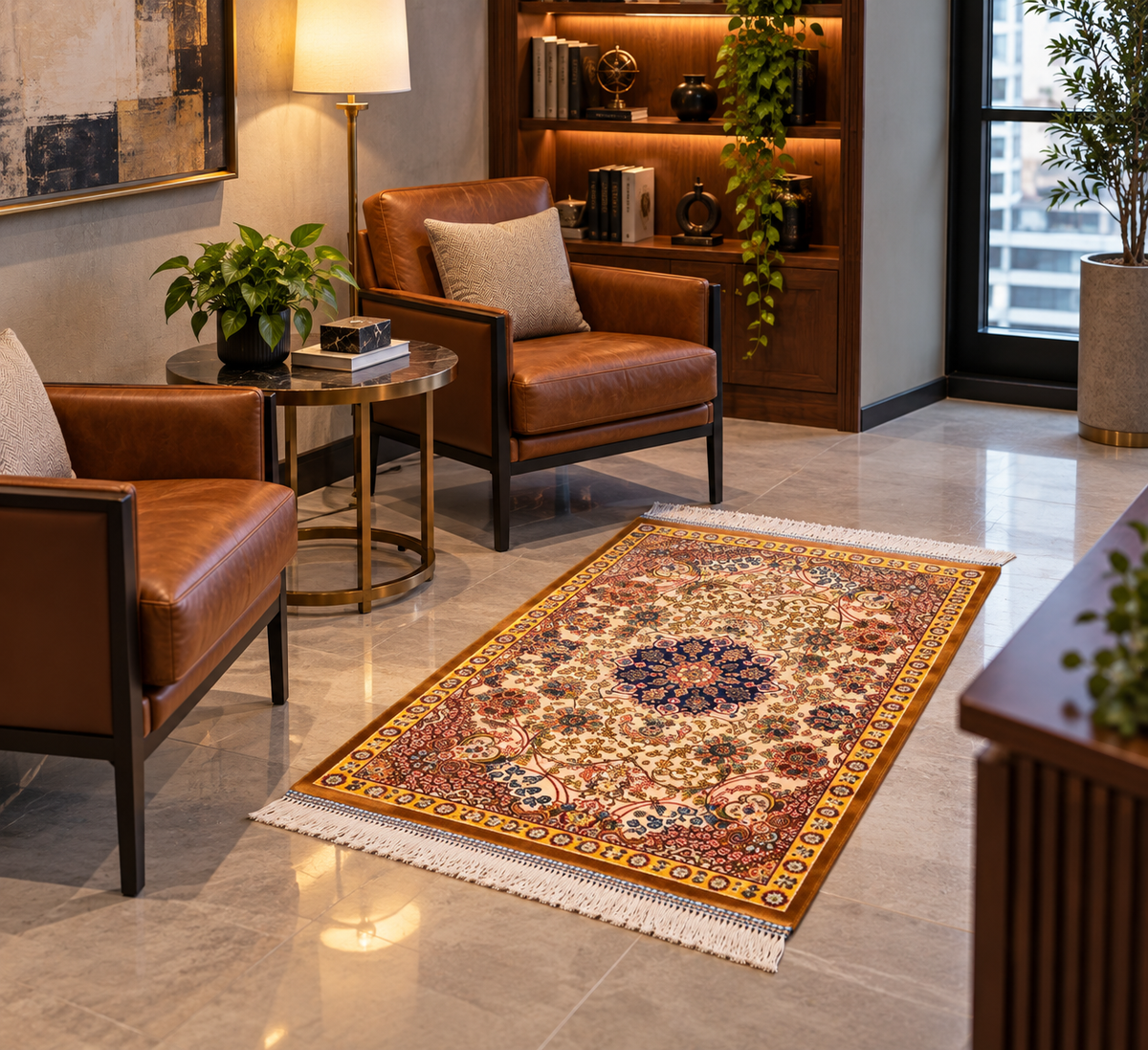 19” x 28” Small Silk Rug – Ivory & Navy Botanical Medallion Luxury Accent Rug