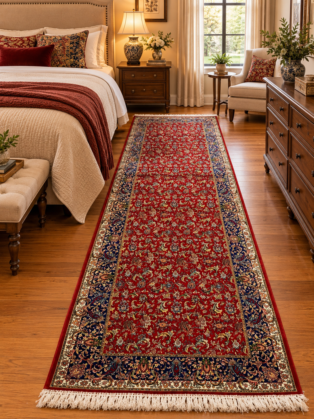 2’7”×6’8” Bamboo Silk Runner Rug – Red & Navy Floral Traditional Turkish Design