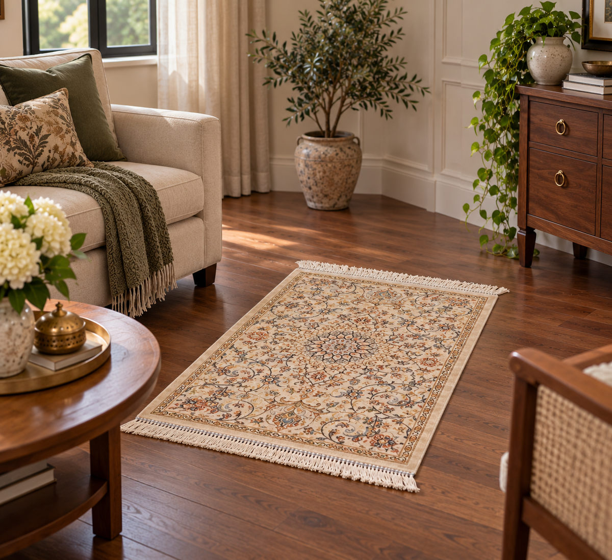 23” × 35” Luxury Turkish Bamboo Silk Rug – Elegant Ivory & Beige Floral Medallion Accent Rug