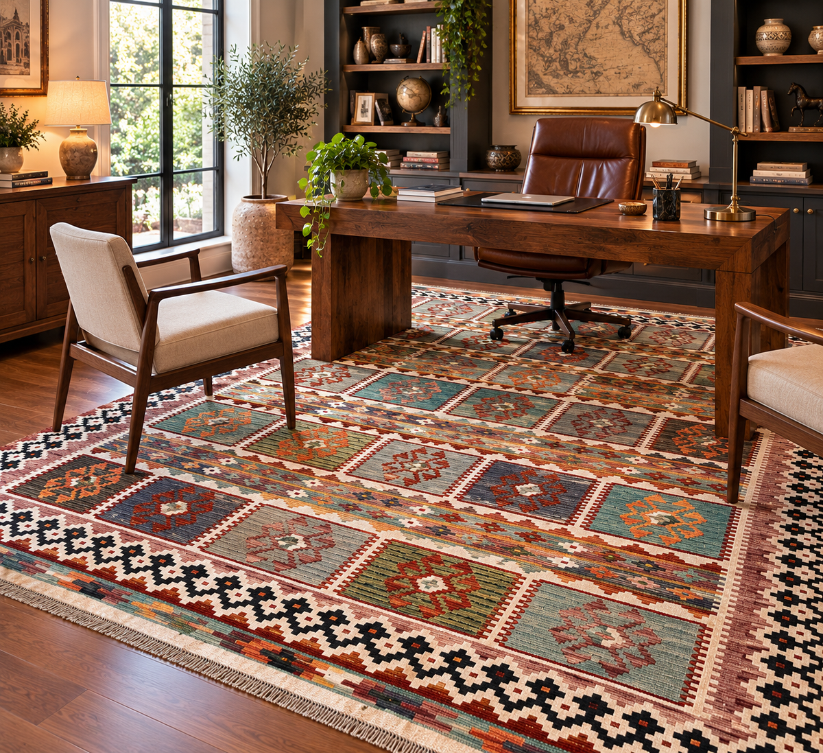 6x8 Fine Quality Turkish Kilim Rug – Handwoven Multicolor Panel Design Anatolian Rug