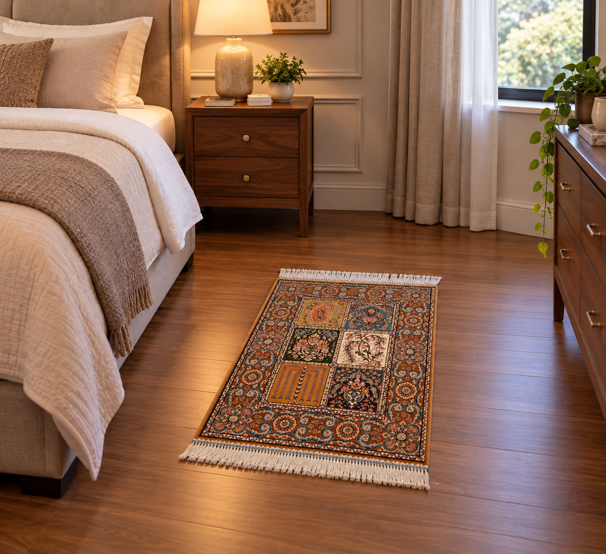 19” x 28” Small Silk Rug – Bakhtiari Garden Panel Design Turkish Accent Rug