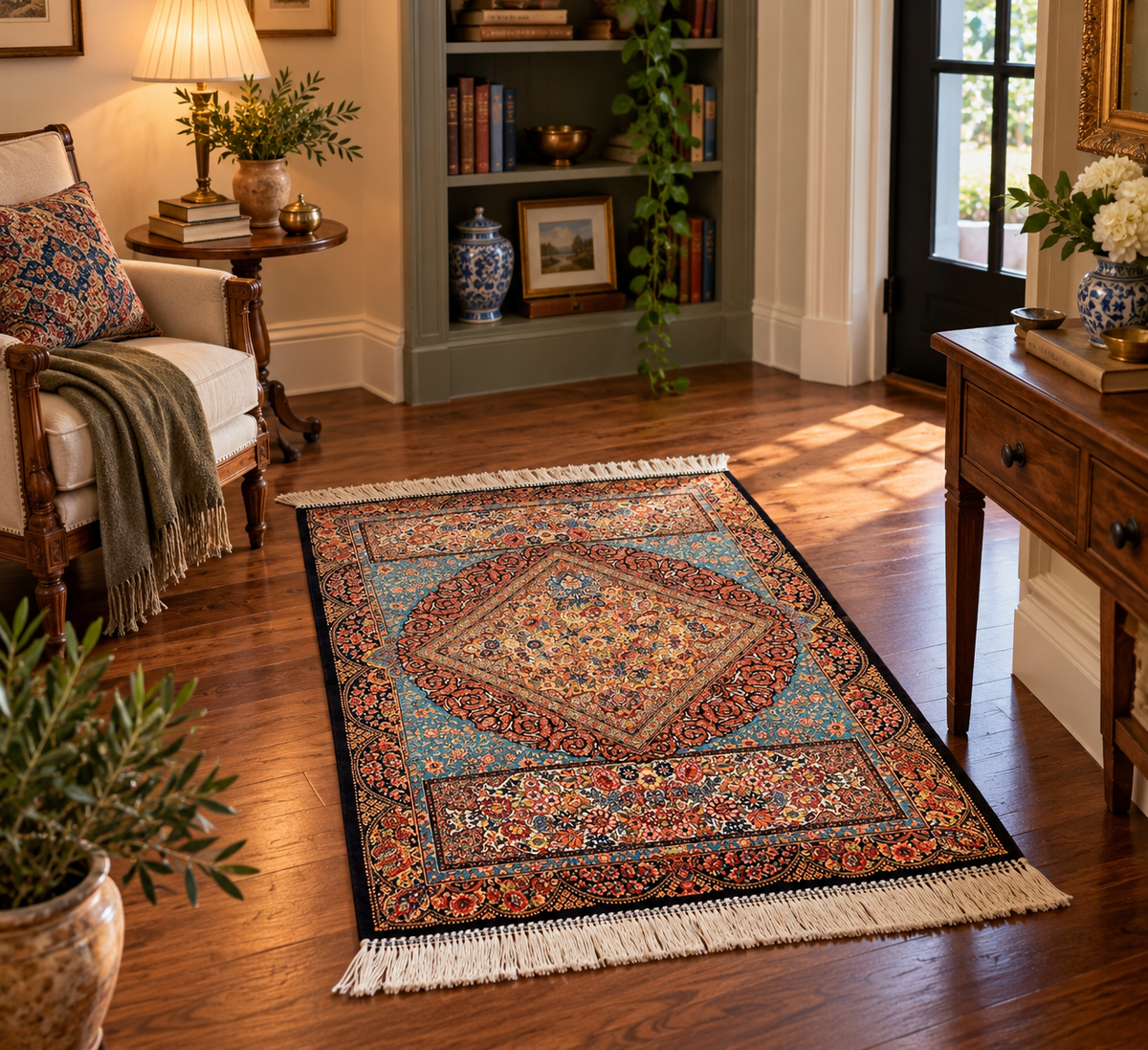 23” x 35” Luxury Turkish Silk Rug – Elegant Floral Medallion Design, Black & Turquoise Blue Accent Rug