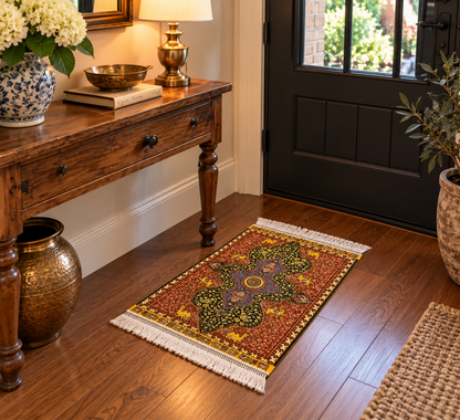 19” x 28” Small Silk Rug – Green & Rust Ornamental Medallion Accent Rug