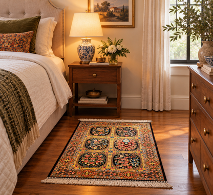 23” × 35” Luxury Turkish Silk Rug – Black & Gold Six-Panel Floral Garden Design, Hereke-Inspired Accent Rug