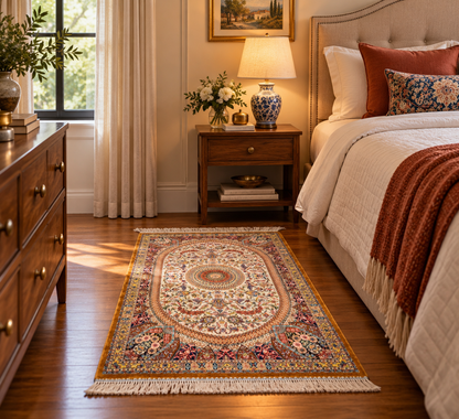 23” × 35” Luxury Turkish Silk Rug – Ivory & Golden Brown Floral Medallion, Hereke-Inspired Oriental Accent Rug