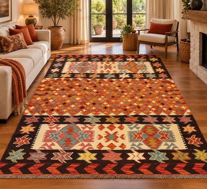 5x7 Fine Quality Handwoven Turkish Kilim Rug – Terracotta Black Tribal Geometric Anatolian Rug
