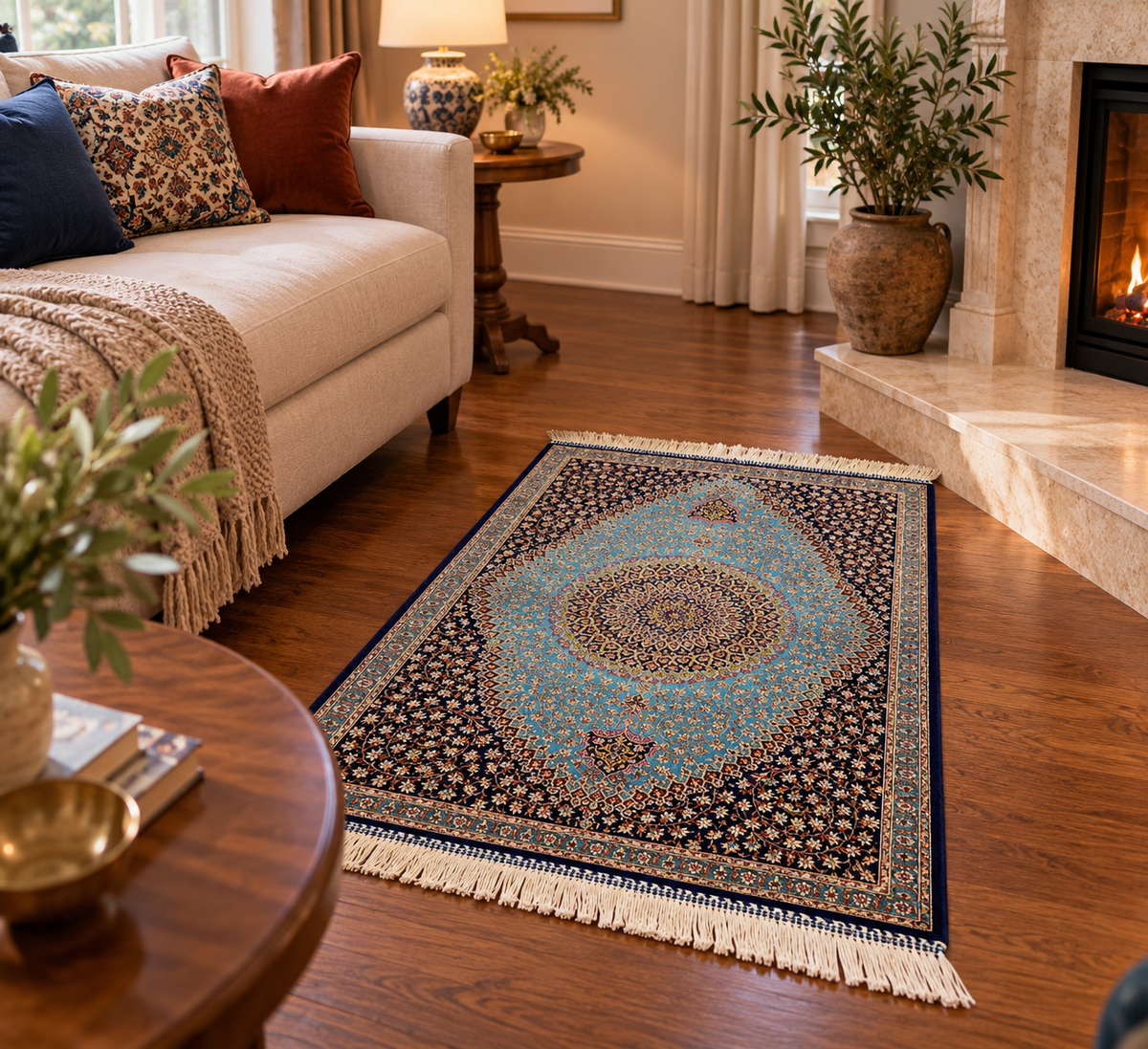 23” × 35” Luxury Turkish Bamboo Silk Rug – Midnight Navy & Turquoise Blue Intricate Floral Medallion Accent Rug