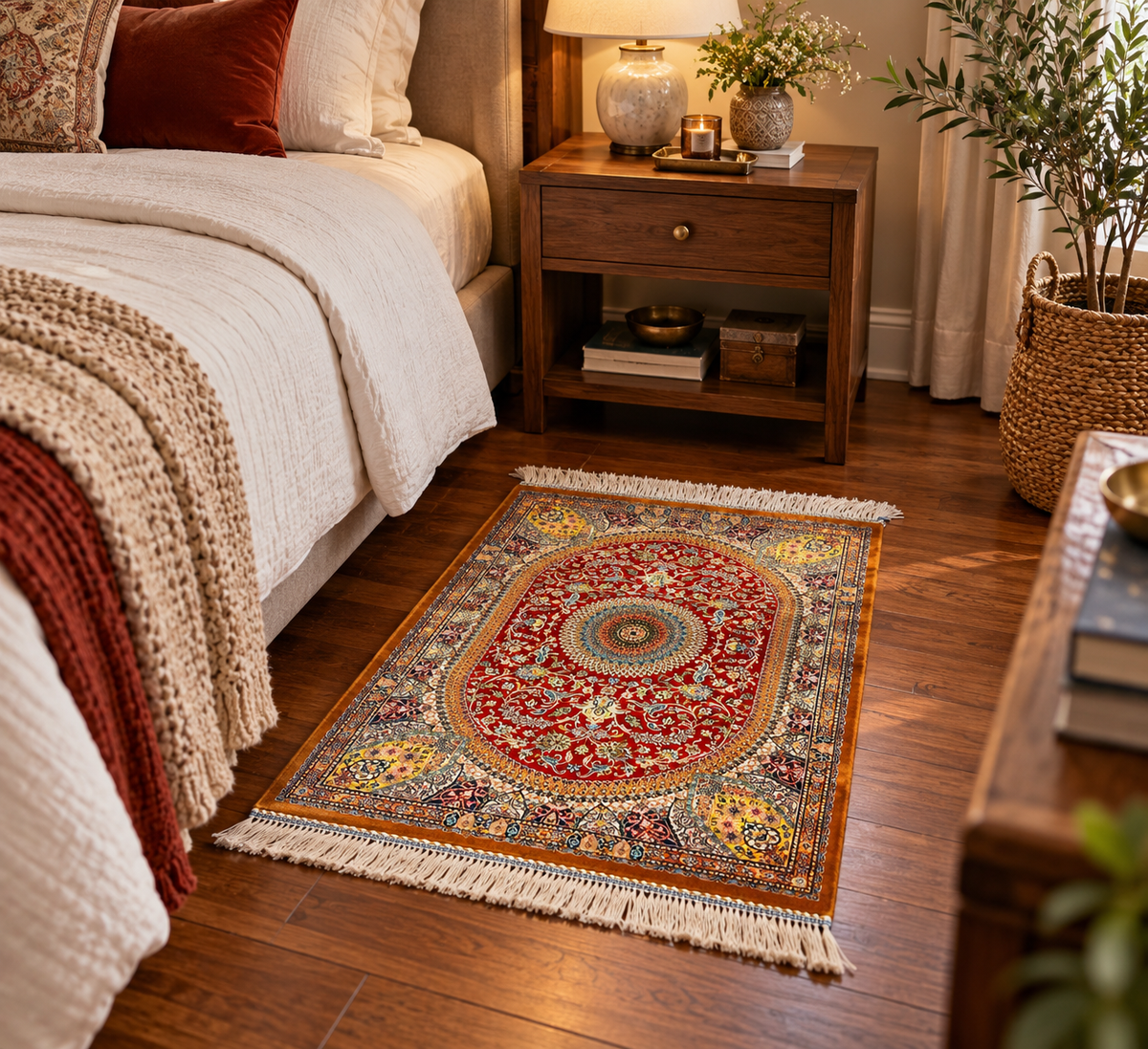 23” × 35” Luxury Turkish Bamboo Silk Rug – Ruby Red & Gold Floral Medallion, Elegant Small Accent Rug