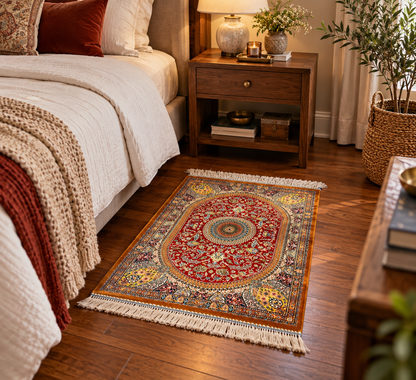 23” × 35” Luxury Turkish Bamboo Silk Rug – Ruby Red & Gold Floral Medallion, Elegant Small Accent Rug
