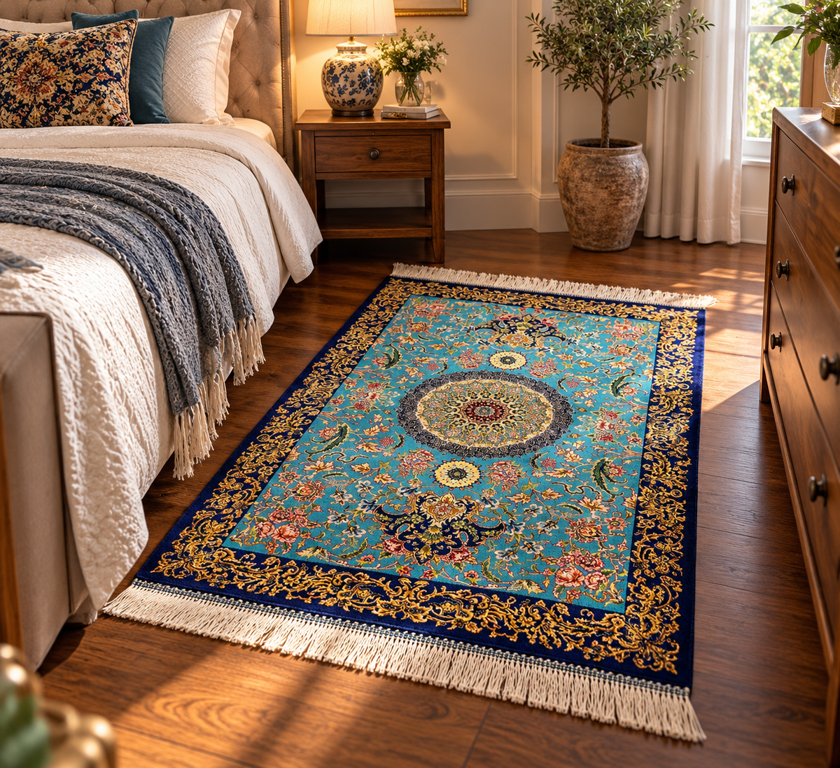23” × 35” Luxury Turkish Bamboo Silk Rug – Turquoise Blue & Navy Gold Floral Medallion Accent Rug