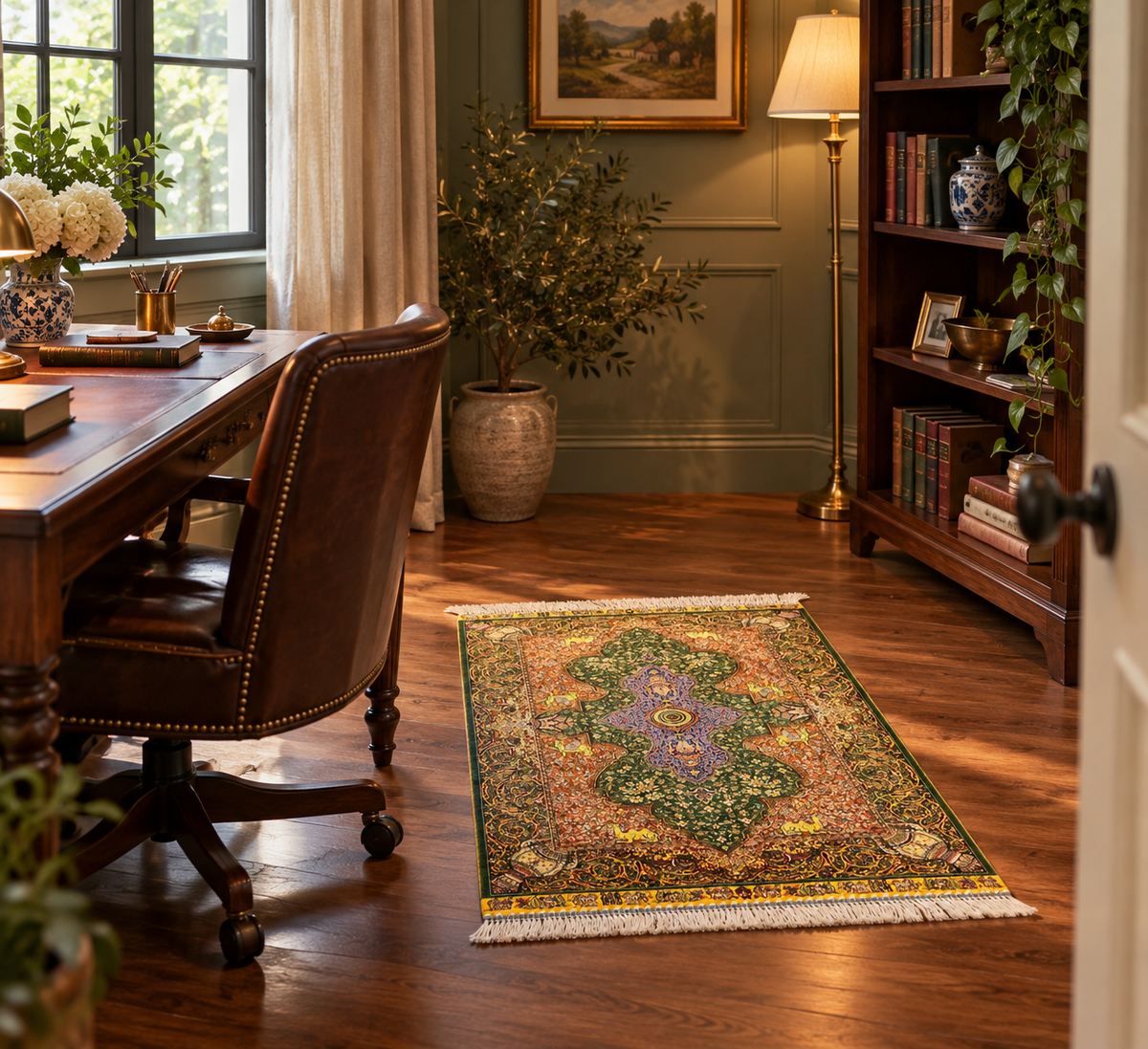 23” x 35” Luxury Turkish Silk Rug – Emerald Green & Gold Oriental Medallion Rug, Traditional Floral Accent Rug with Handmade Fringe