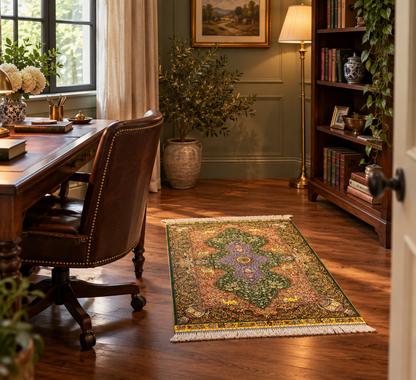 23” x 35” Luxury Turkish Silk Rug – Emerald Green & Gold Oriental Medallion Rug, Traditional Floral Accent Rug with Handmade Fringe
