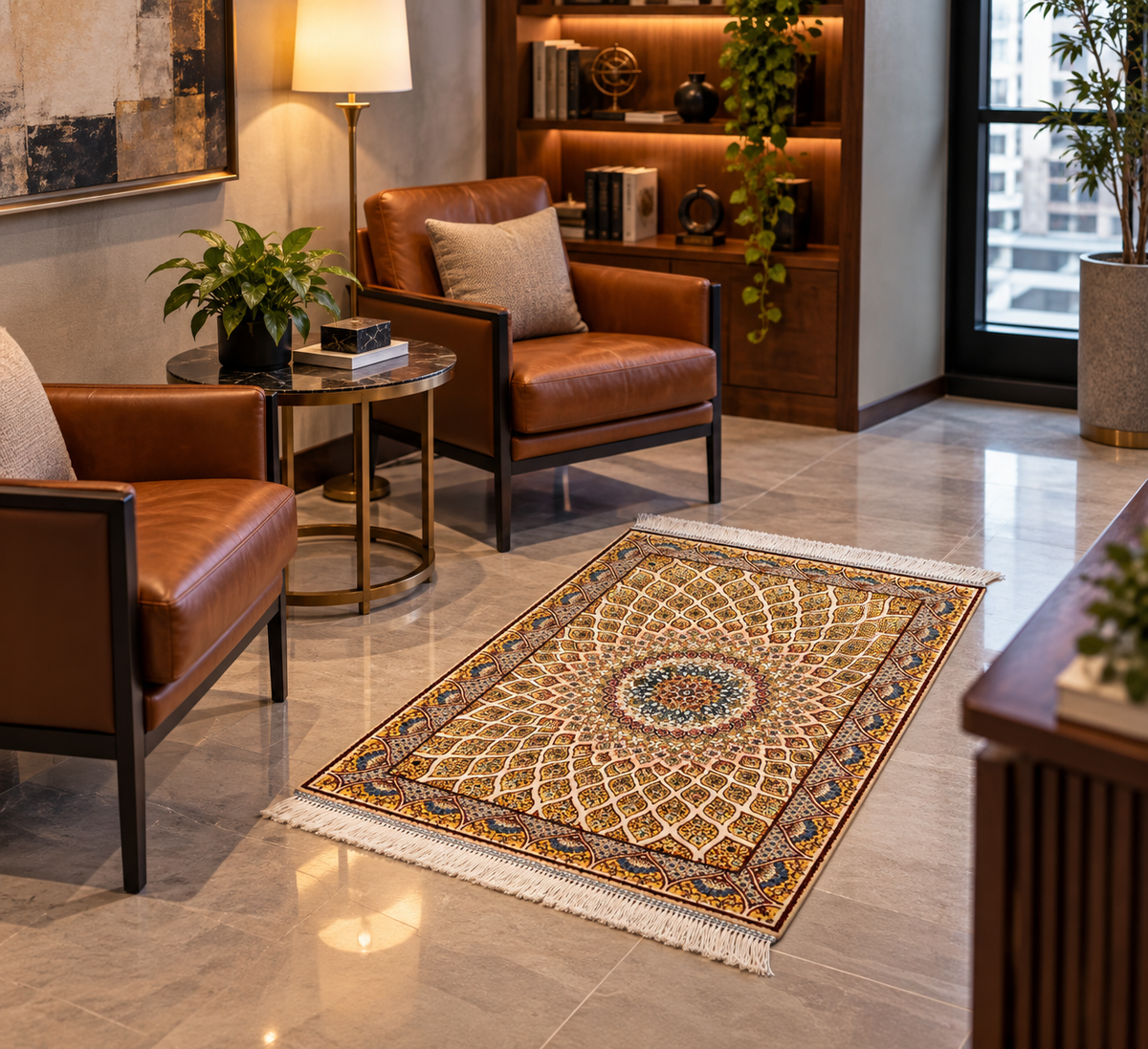 19” x 28” Small Silk Rug – Ivory & Gold Radiant Mosaic Medallion Accent Rug