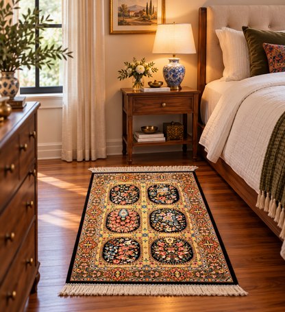 23” × 35” Luxury Turkish Silk Rug – Black & Gold Six-Panel Floral Garden, Hereke-Inspired Small Accent Rug
