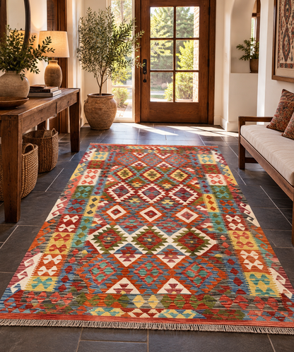 5x7 Fine Quality Handwoven Turkish Kilim Rug – Pastel Blue Geometric Anatolian Rug