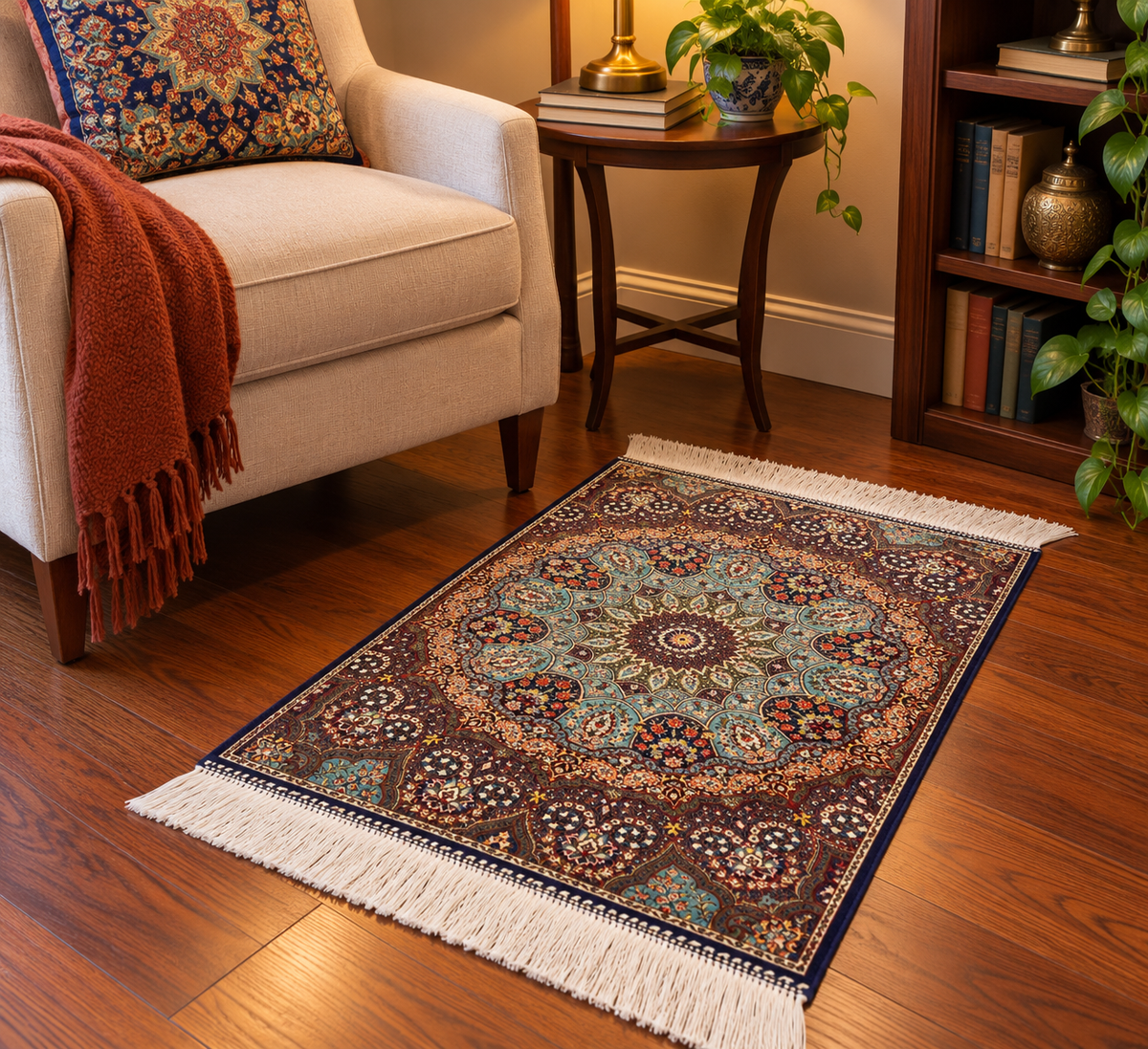 19” x 28” Small Silk Rug – Turquoise & Navy Grand Rosette Luxury Accent Rug