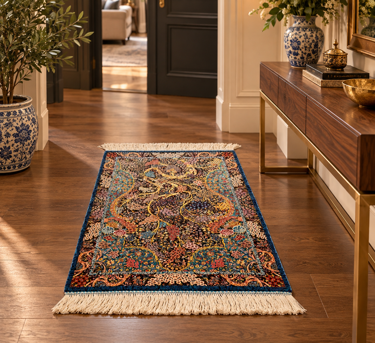 23” x 35” Luxury Turkish Silk Accent Rug – Midnight Blue & Turquoise Floral Tree of Life Design