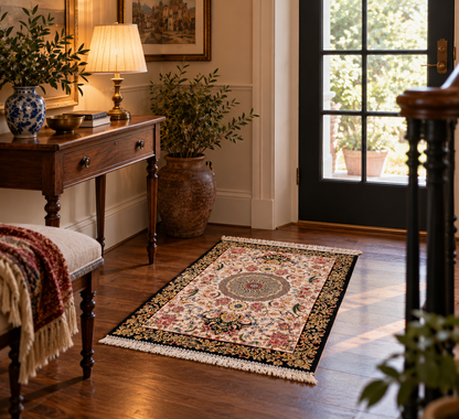 23” × 35” Luxury Turkish Silk Rug – Ivory & Black with Gold Floral Medallion, Hereke-Inspired Small Accent Rug