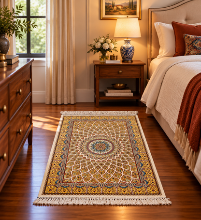 23” × 35” Luxury Turkish Silk Rug – Ivory & Golden Yellow Geometric Floral Medallion, Hereke-Inspired Accent Rug
