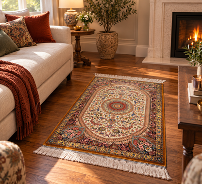 23” × 35” Luxury Turkish Bamboo Silk Rug – Ivory & Antique Gold Floral Starburst Medallion Accent Rug