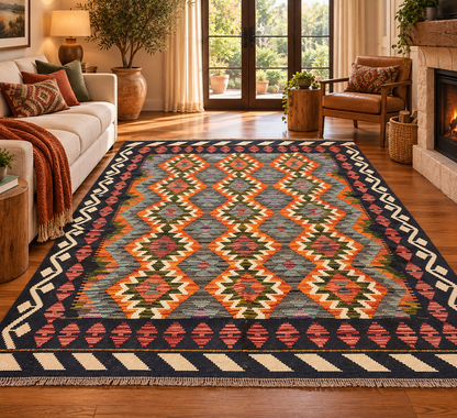 5x7 Fine Quality Handwoven Turkish Kilim Rug – Black Orange Gray Geometric Anatolian Rug