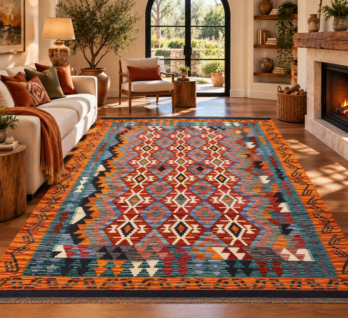 5x7 Fine Quality Handwoven Turkish Kilim Rug – Terracotta Turquoise Geometric Anatolian Rug