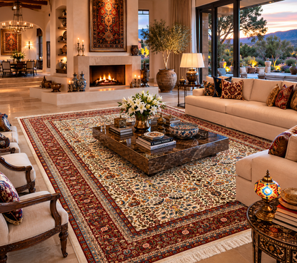 7x10 ft Silk Rug – Ivory & Burgundy Floral Woven Area Rug – Elegant Traditional Design