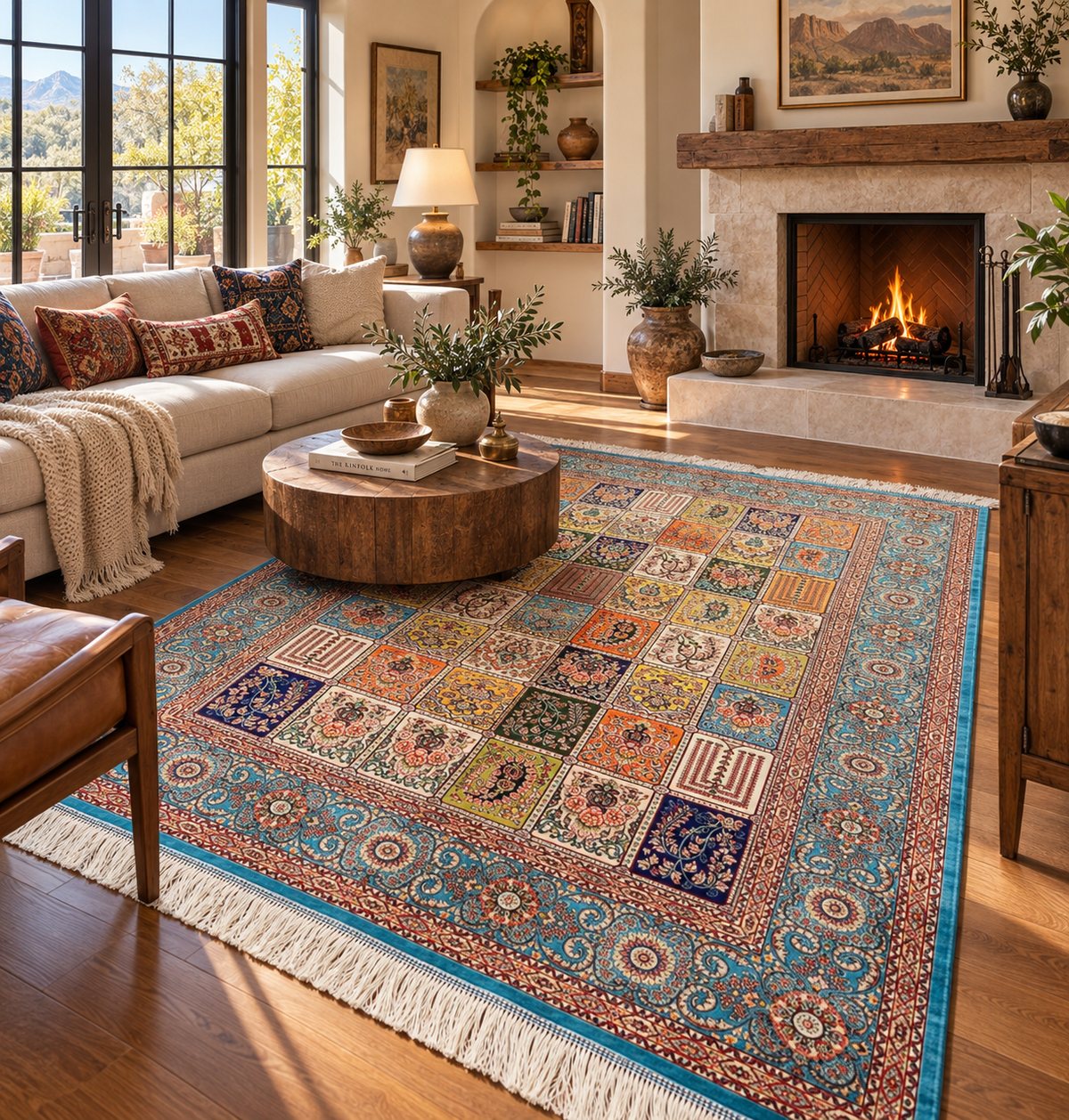 4x6 ft Multicolor Silk Rug – Turquoise Border Garden Panel Design, Elegant Floral Area Rug