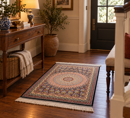 23” x 35” Luxury Turkish Silk Rug – Black Floral Medallion Design, Elegant Oriental Accent Rug with Handmade Fringe