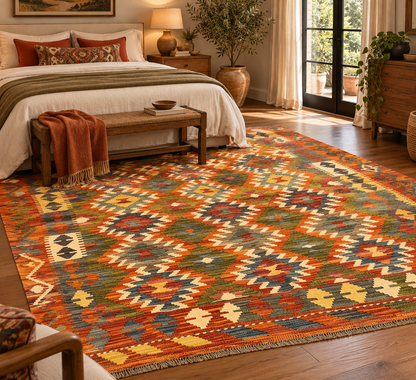 5x7 Fine Quality Handwoven Turkish Kilim Rug – Olive Green Blue Geometric Anatolian Rug